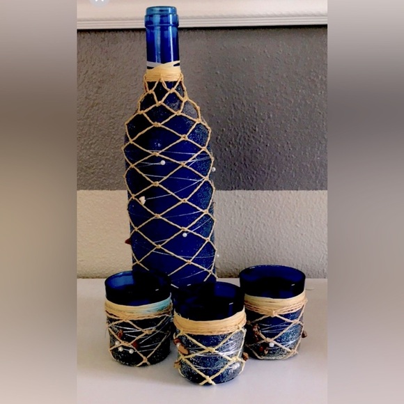None Other - Blue glass nautical theme decor bottle and candle votive holders